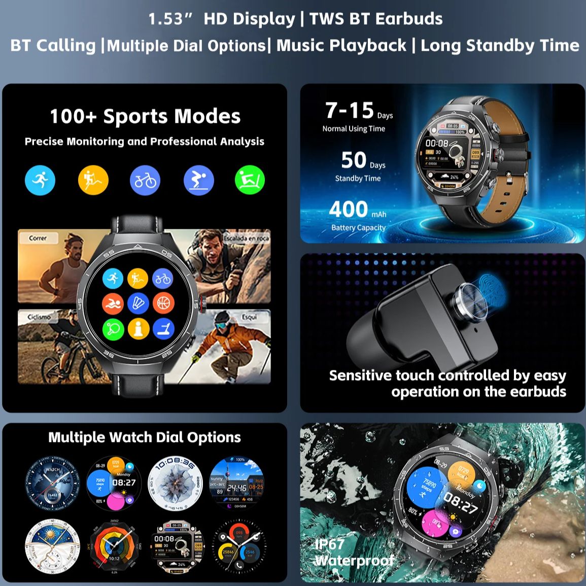 NFC Headset Smart Watch 2 in 1 - Earphone Sport Hook ulasan dan harga